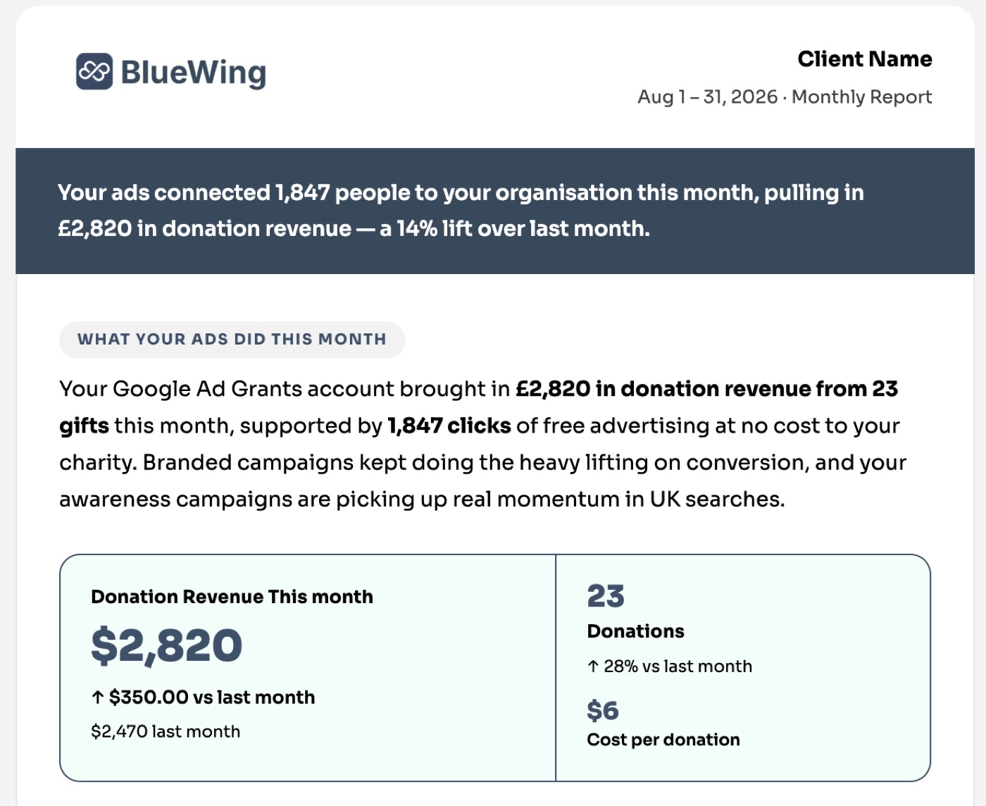 White-label monthly email report showing donation revenue, number of donations and cost per donation in plain English